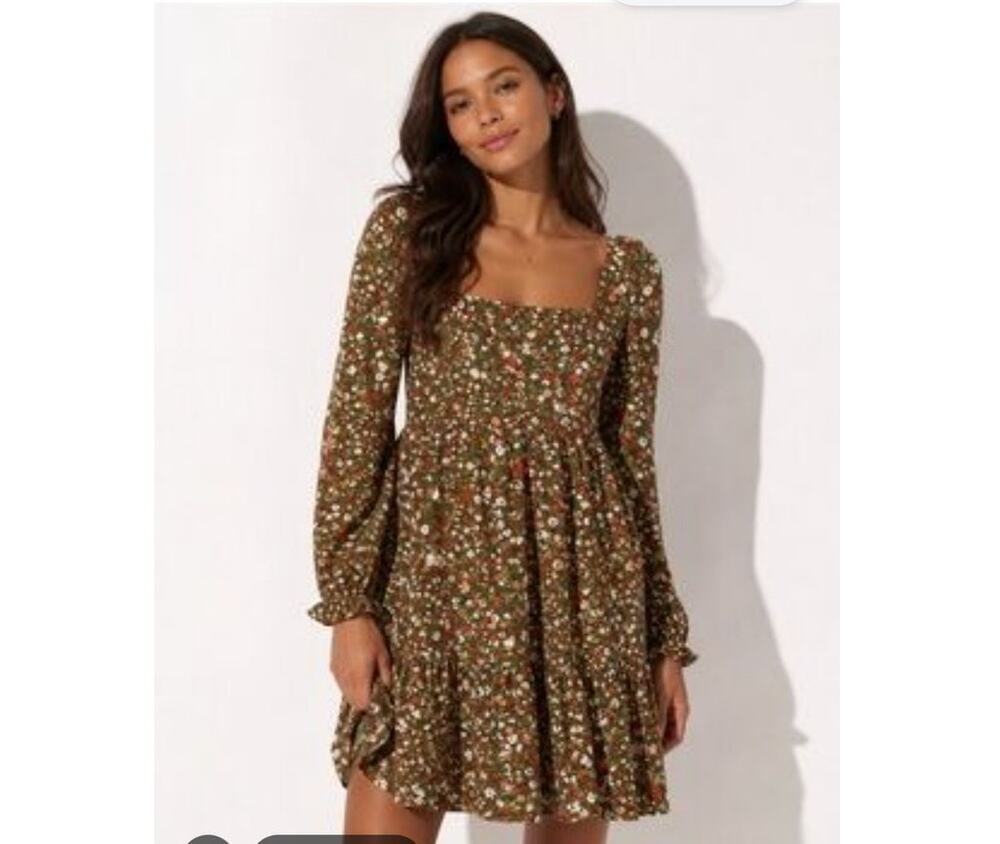 BCBG Green Ditsy Floral Bohemian Western Fall Square Neck Mini Dress XXL